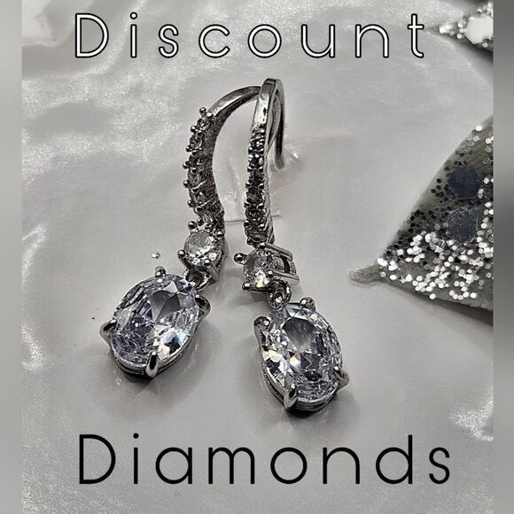 Oval Cut Clear / White Diamond Earrings with Baguette Diamonds 925 Silver - Picture 1 of 9
